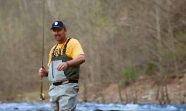 Angler fishing in a West Virginia trout stream.