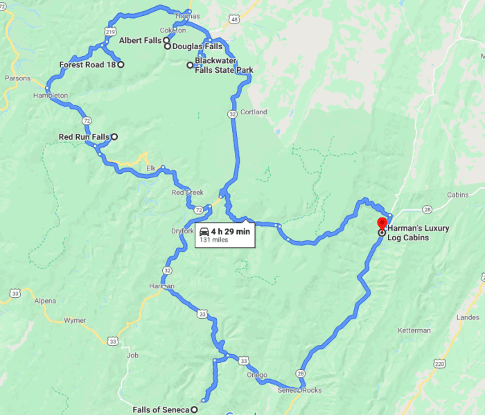 wv waterfalls road trip map